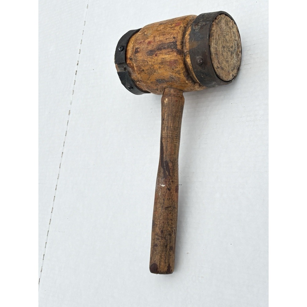 Antique Primitive Large Wood & Metal Mallet Hammer Rustic Decor Brutalist 13" - Picture 6 of 9